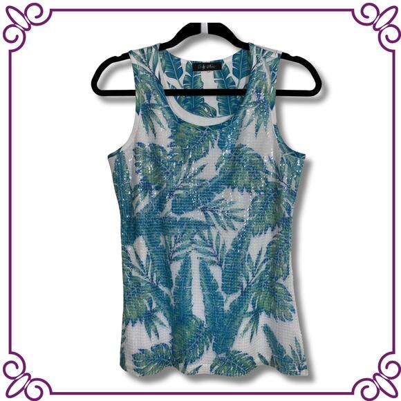 Only Nine Tropical Blue Green Graphic Iridescent Sequin Tank Top SM / MED - Picture 1 of 5